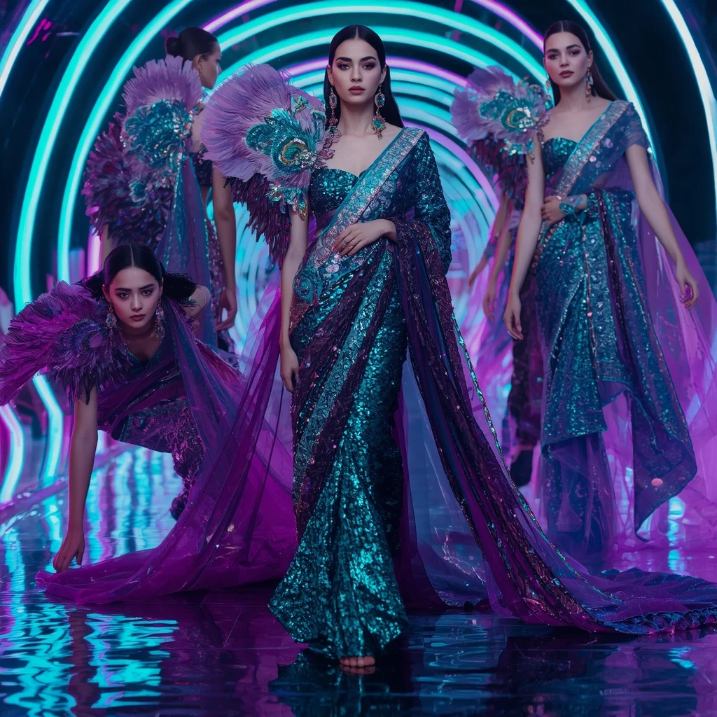 Electric Peacock Saree with Holographic Light Tunnel | Prompt Chatgpt