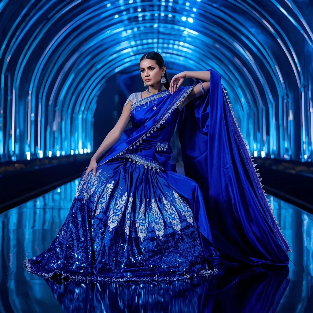 Electric Sapphire Mirage Saree with Curved Laser Infinity Skyline Palace | Festival Prompt
