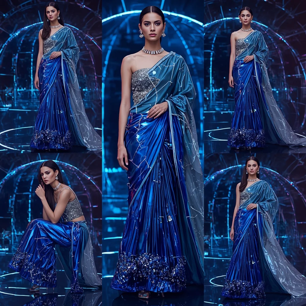 Electric Sapphire Saree with Futuristic Neon Dome | Viral Instagram Ai Prompt