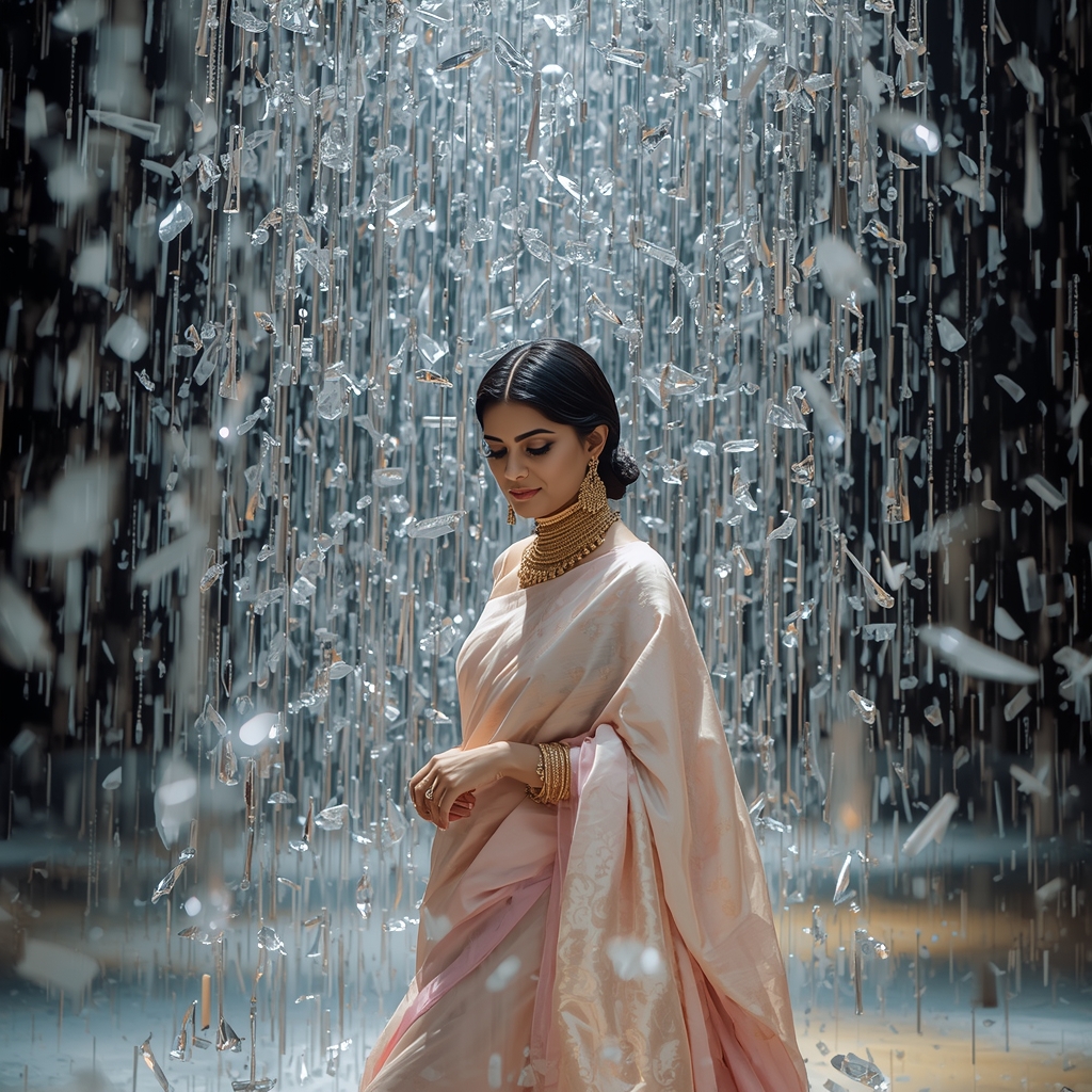 Elegant Pastel Saree Portrait Surrounded By Falling Crystal Chandelier Rain | Bridal Saree Ai Prompt