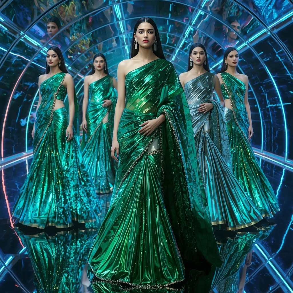 Emerald Cosmic Lightning Saree with Floating Runway Motions and Neon Reflection Crystal Hyperpalace | Instagram Aesthetic Ai Prompt