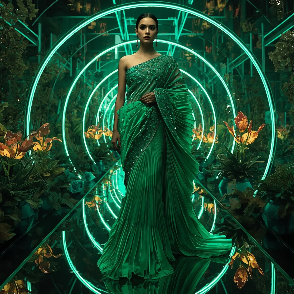Emerald Cyber Crystal Saree with Floating Laser Garden | Saree Prompt For Girls