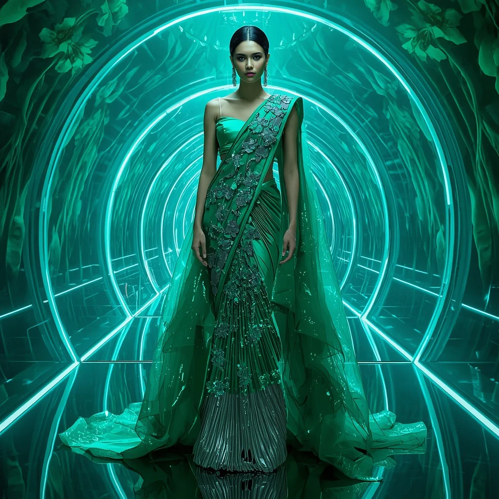 Emerald Cyber Lotus Saree with Floating Laser Empire | Gemini Saree Prompt For Instagram