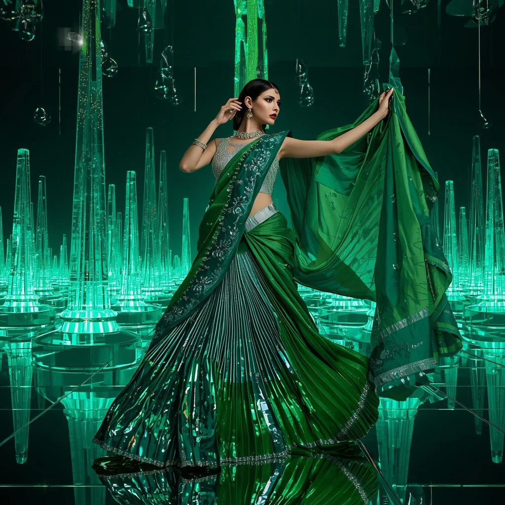 Emerald Nebula Infinity Saree with Floating Laser Obelisk Towers | Pre Wedding Ai Prompt