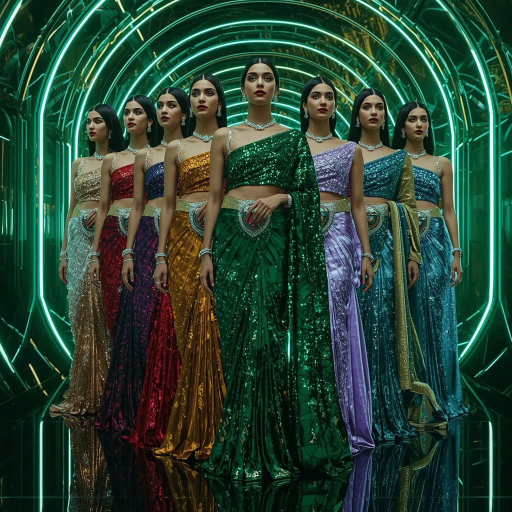 Emerald Prism Celestial Infinity Hyperqueen Saree with Multi Editorial Frames and Neon Quantum Aurora Crystal Hyperverse | Makeup Ai Prompt