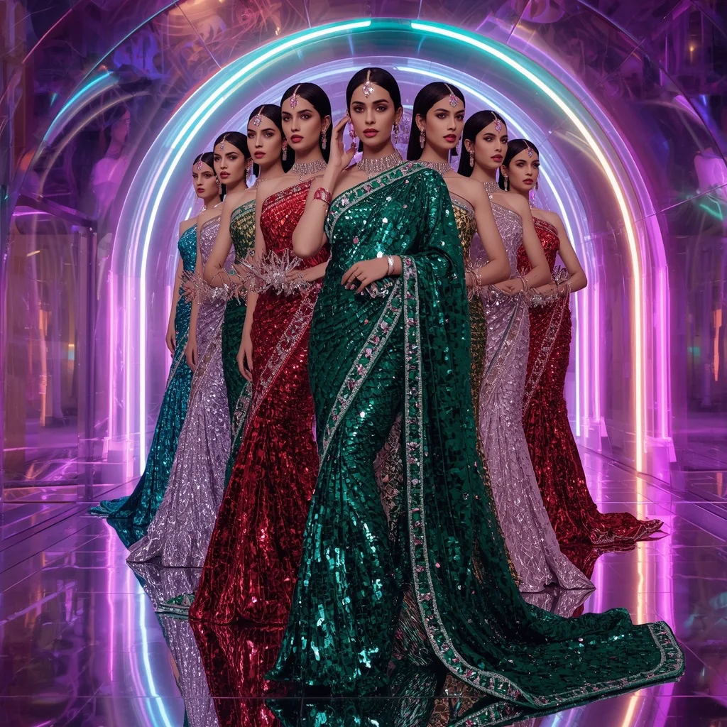 Emerald Prism Hyperqueen Saree with Multi Editorial Frames and Crystal Neon Infinity Realm | ChatGPT Ai Prompt