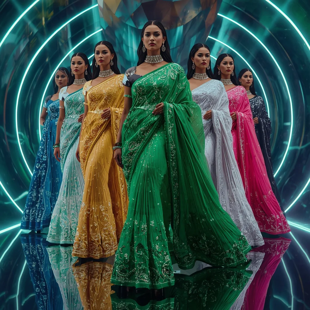 Emerald Thunder Celestial Hyperqueen Saree with Dynamic Fashion Poses and Neon Orbit Quantum Hyperverse | Instagram Model Ai Prompt
