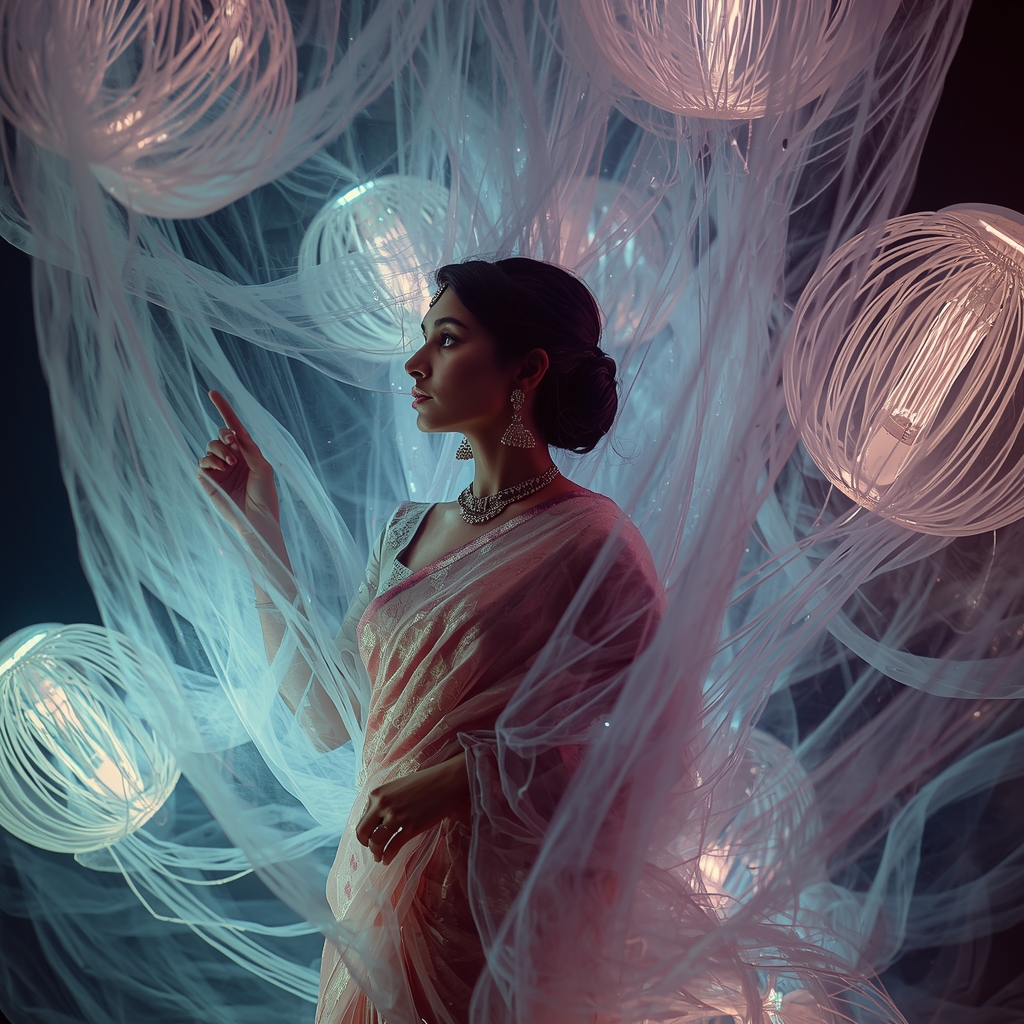 Ethereal Indian Saree Design Surrounded By Glowing Silk Thread Cocoons | Saree Selfie Ai Prompt
