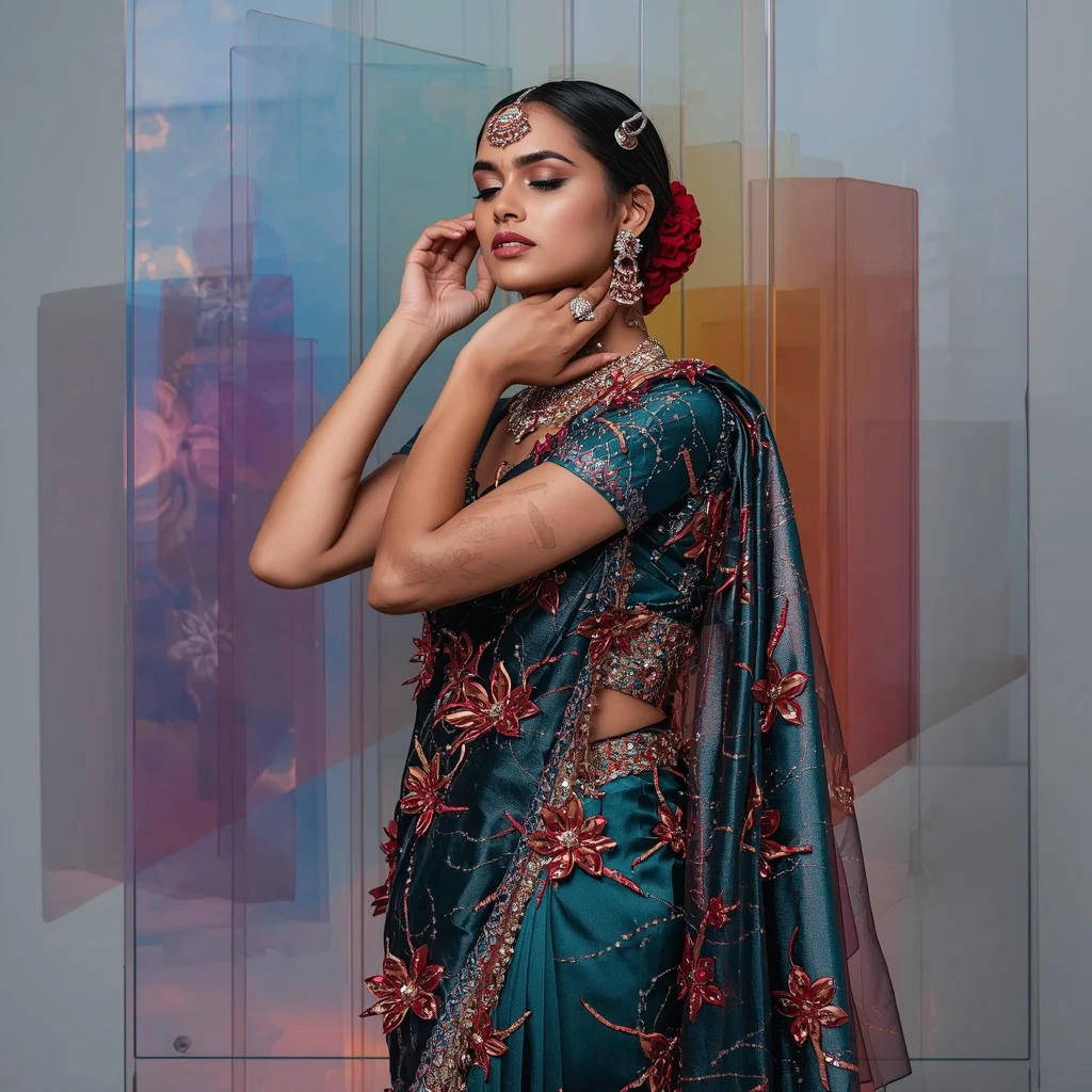 Exclusive 3D Chrome Flora & Liquid Ruby Festival Saree Portrait | Bridal Saree Ai Prompt