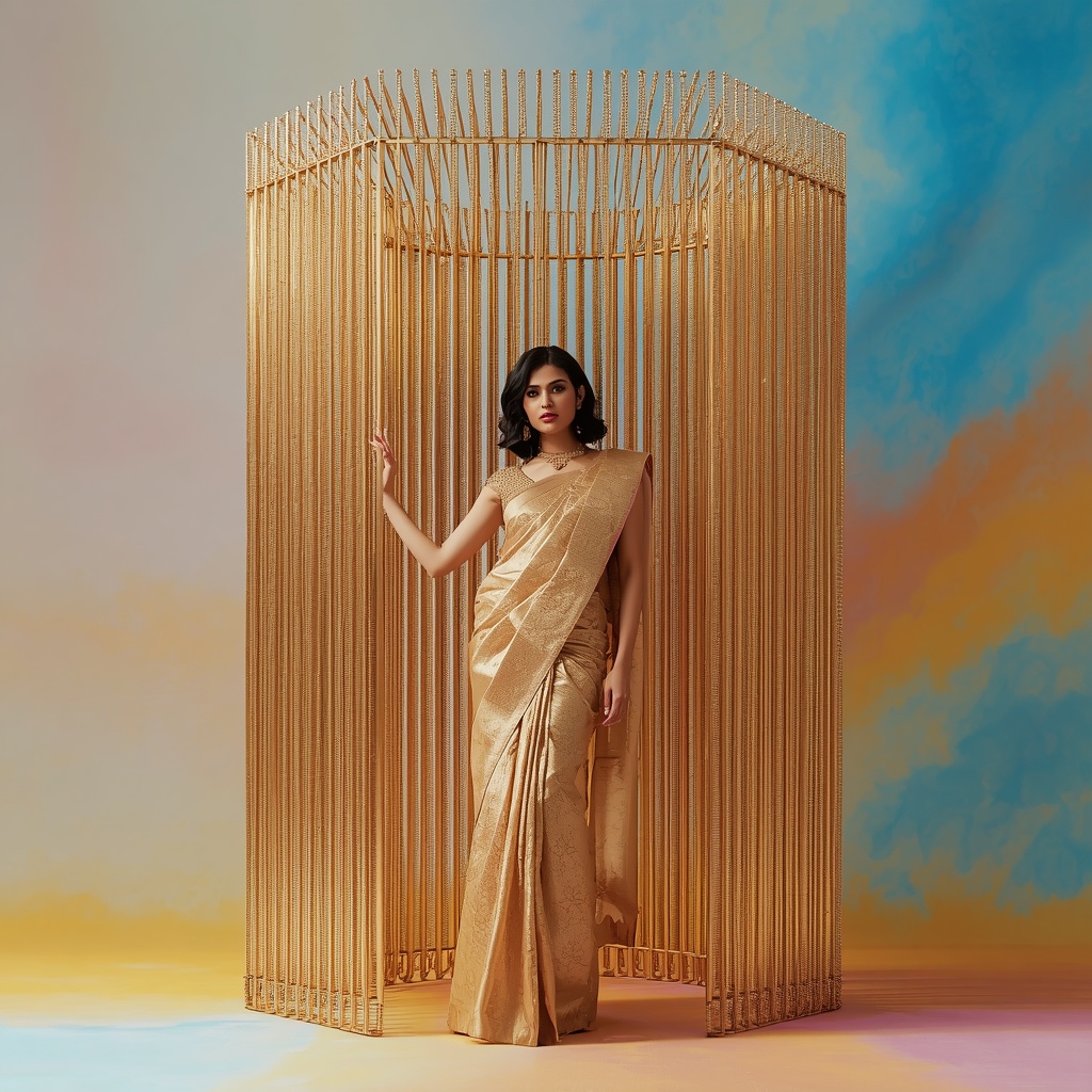 Extreme Stiff Golden Cage Pallu with Heavy Silk Brocade Saree | Indian Girl Ai Prompt