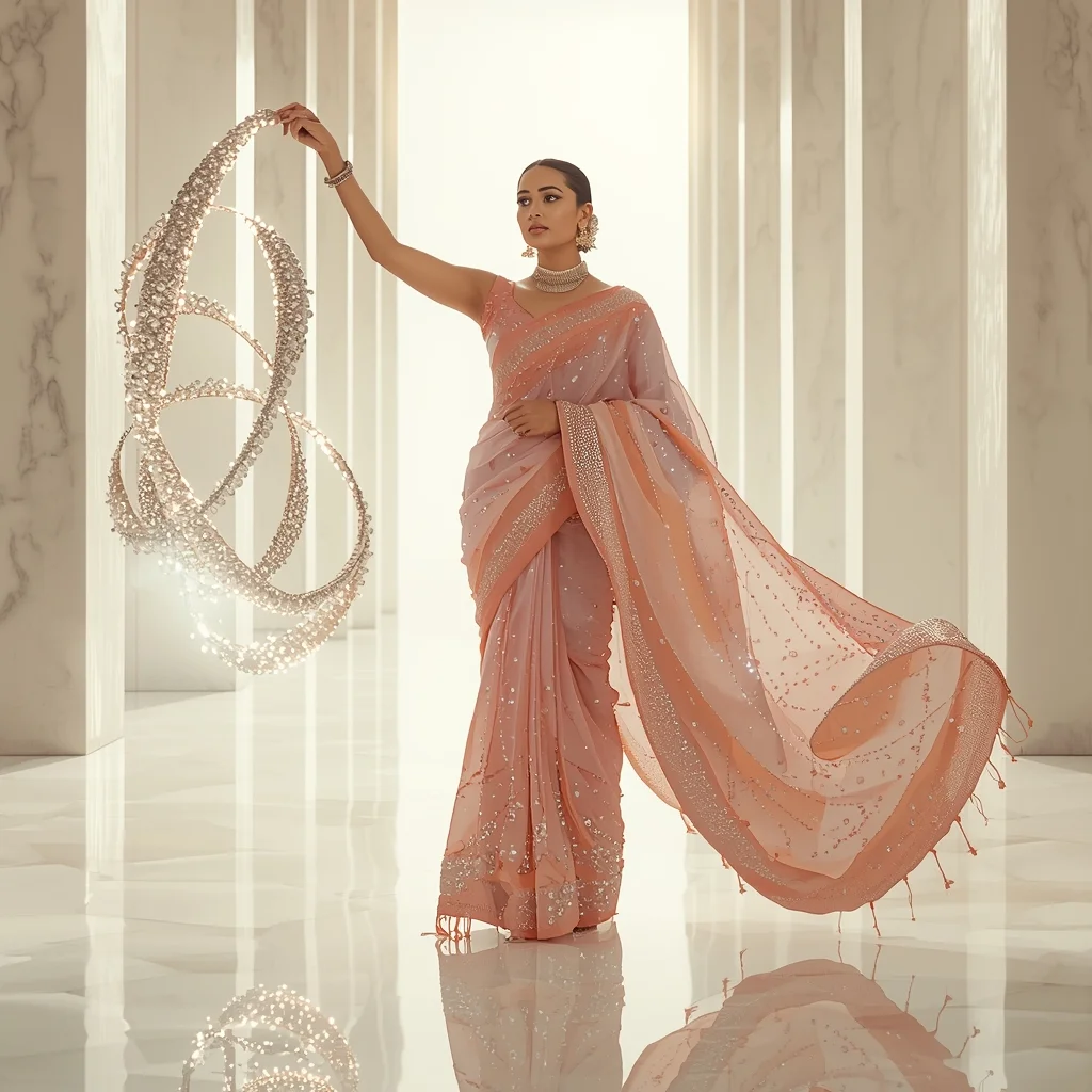 Festive Fancy Saree Aero-Fluid Star-Forge Satin | Saree Photoshoot Prompt Ultra Realistic