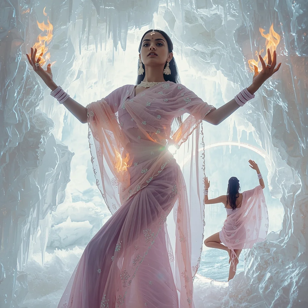 Festive Fancy Saree Metamaterial Frostfire Chiffon | Saree Prompt For Gemini