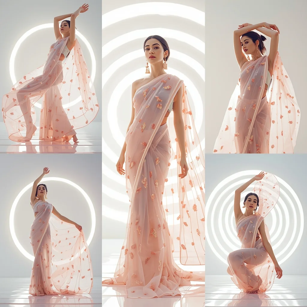 Festive Fancy Saree Thermo-Reactive Pearl Mesh | Saree Aesthetic Ai Prompt For Pinterest