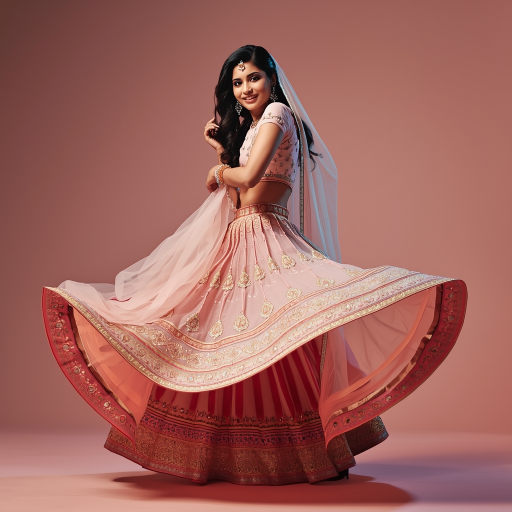 Festive Lehenga Girl Diagonal Drop Turn Fabric Bloom Pose | Image Prompt