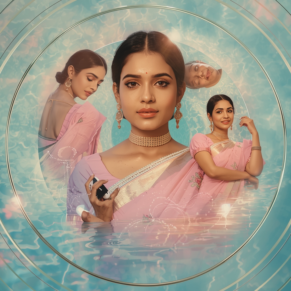 Festive Pastel Saree Aqua Shine Orbit Pulse Wave Collage | Saree Girl Ai Prompt