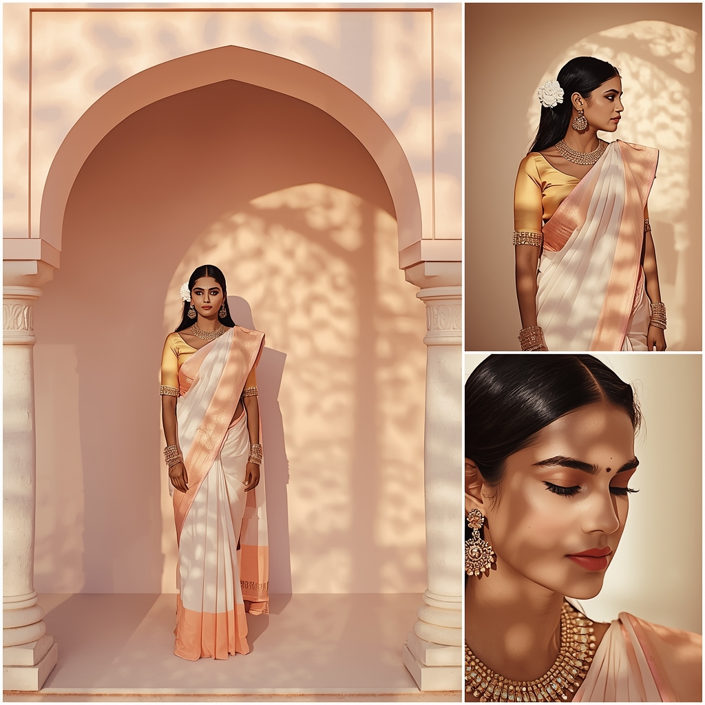 Festive Pastel Saree Arch Shadow Collage | Indian Girl Light Pattern Aesthetic Soft Cinematic Viral Prompt | Saree Dp Ai Prompt