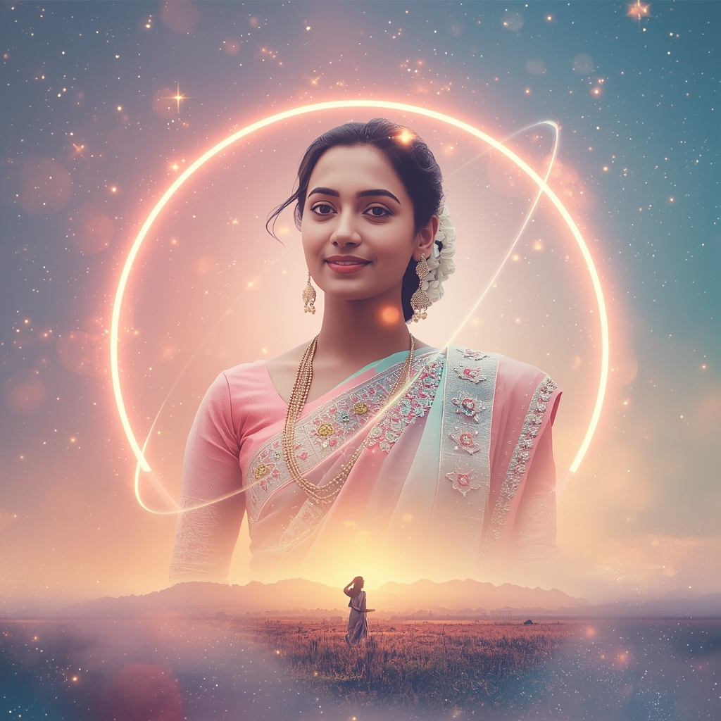 Festive Pastel Saree Cosmic Glow Pulse Orbit Horizon Collage | Desi Saree Ai Prompt