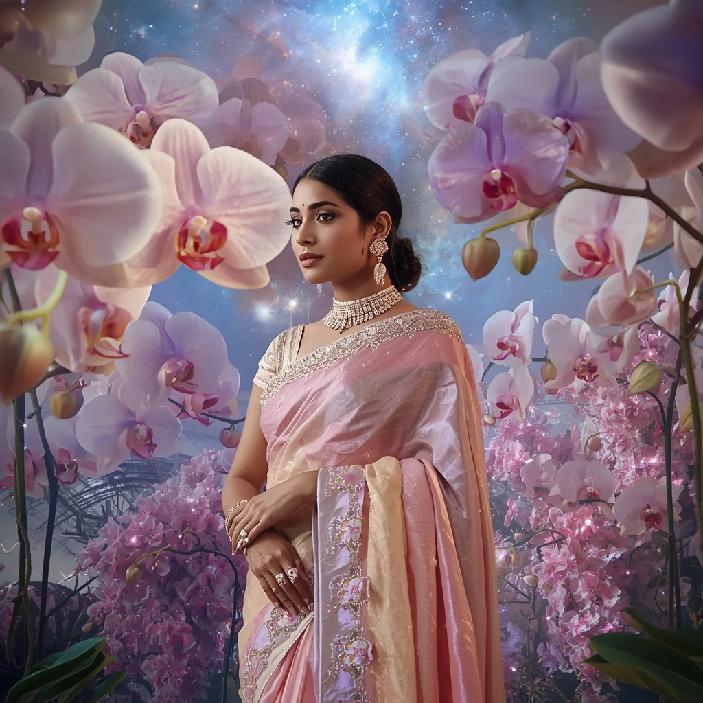 Festive Pastel Saree Crystal Orchid Nebula Atrium Collage | Blooming Cosmos Dynasty Prompt | Trending Photo Editing Prompt