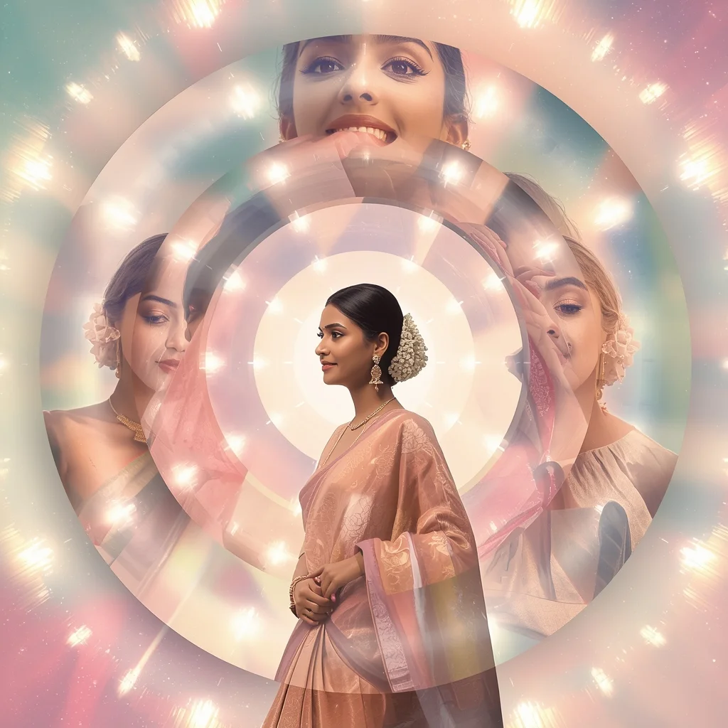 Festive Pastel Saree Energy Pulse Core Radiating Layers Collage Cinematic Aesthetic | Prompt For Saree Look For Girl