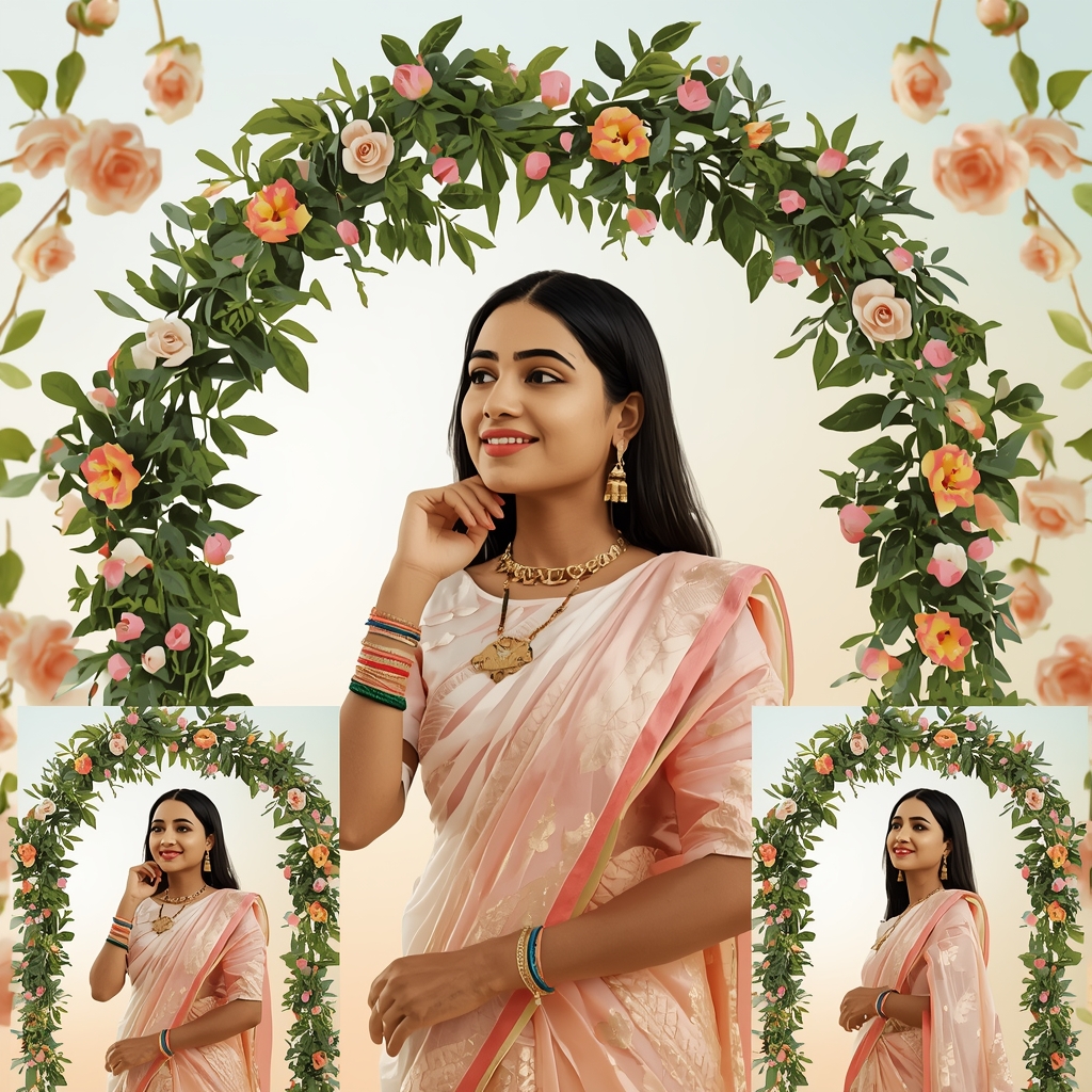 Festive Pastel Saree Garden Arch Collage | Indian Girl Nature Frame Aesthetic Soft Cinematic Viral Prompt | Indian Girl Saree Ai Prompt 4k Realistic
