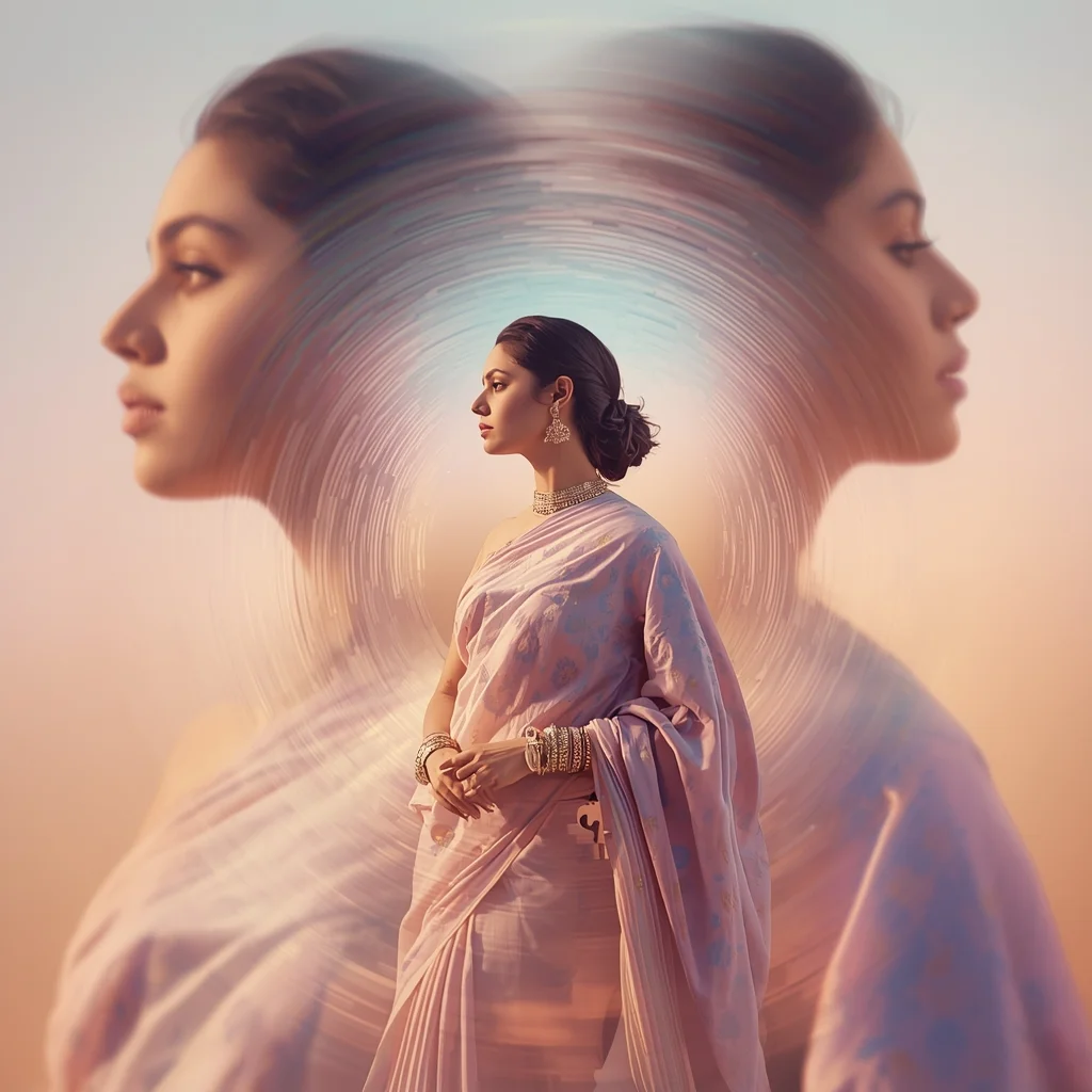 Festive Pastel Saree Gravity Light Warp Collage Cinematic Aesthetic | Saree Photoshoot Prompt Ultra Realistic