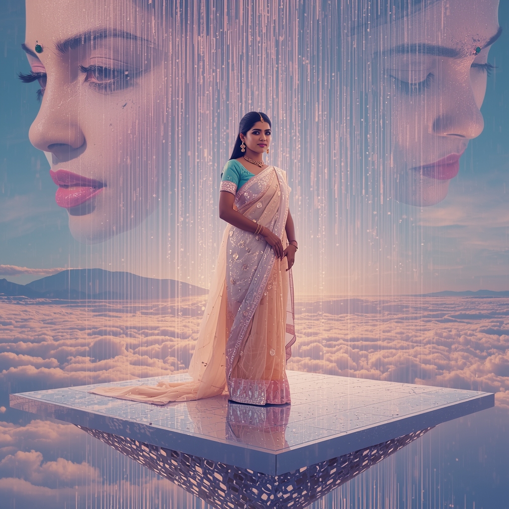 Festive Pastel Saree Heavenly Celestial Mirror Island Collage | Enchanted Crystal Rain Prompt | Gemini Saree Prompt For Instagram