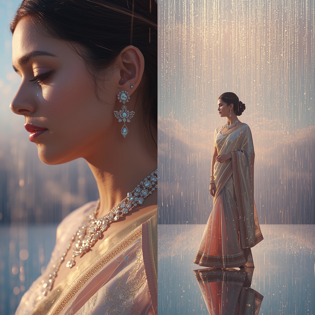 Festive Pastel Saree Heavenly Celestial Mirror Island Collage | Enchanted Crystal Rain Prompt | Prompt For Gemini Saree
