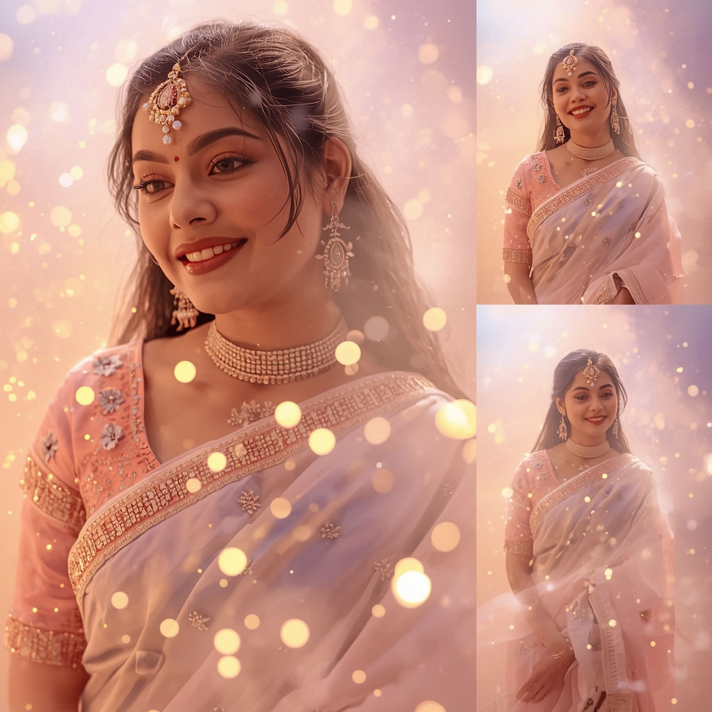 Festive Pastel Saree Light Dust Collage | Indian Girl Glow Atmosphere Aesthetic Soft Cinematic Viral Prompt | Saree Whatsapp Dp Ai Prompt