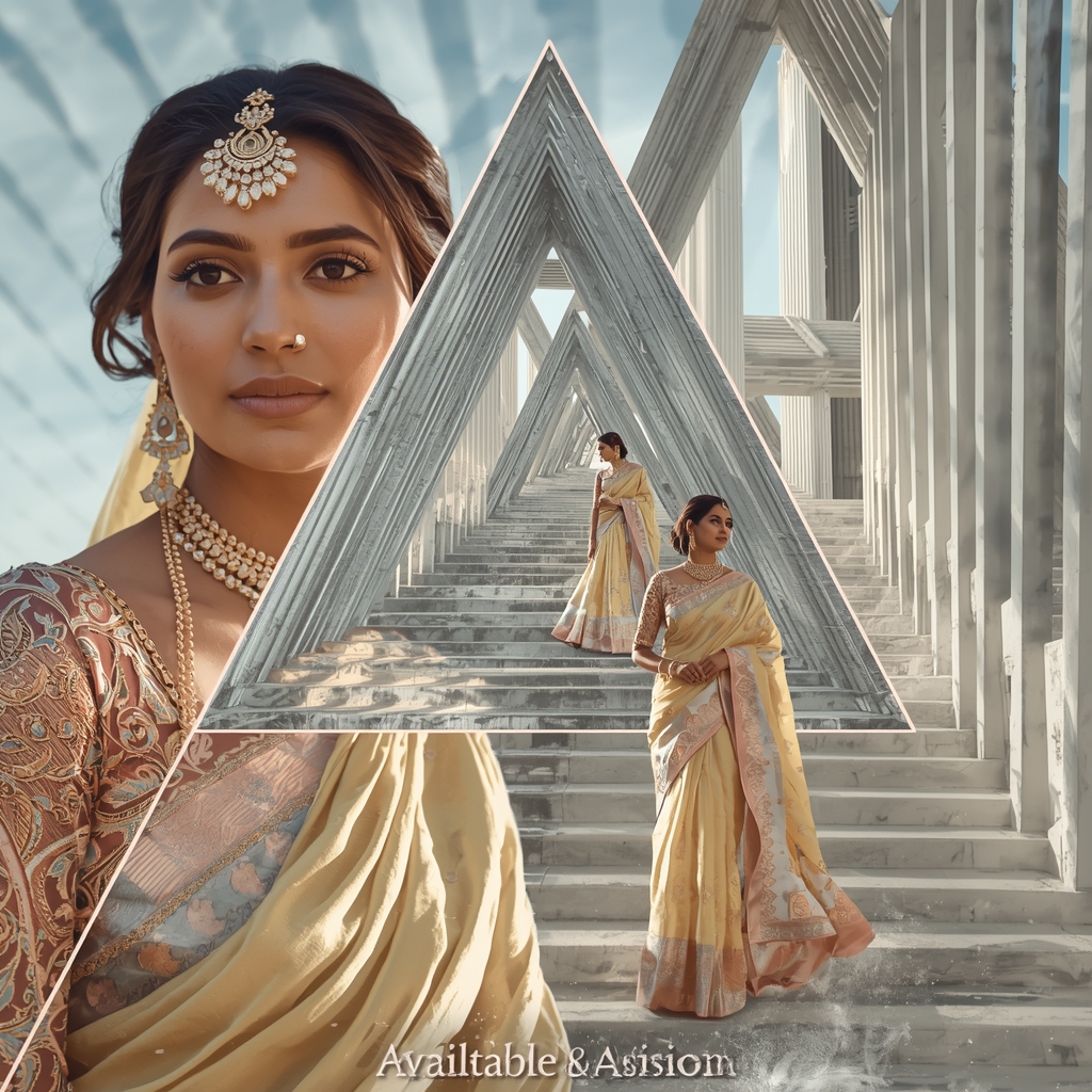 Festive Pastel Saree Penrose Triangle Impossible Architecture Collage | Optical Illusion Goddess Prompt | Saree Photoshoot Ai Prompt