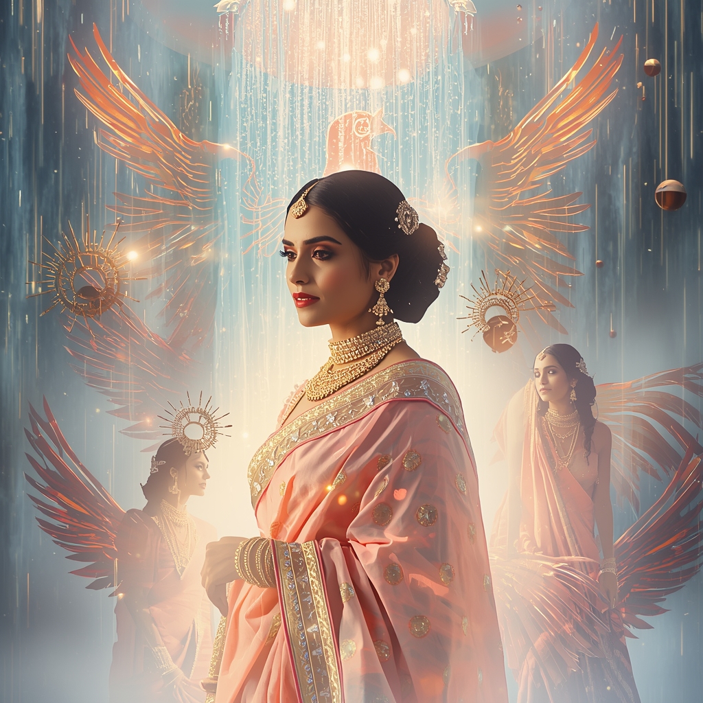 Festive Pastel Saree Phoenix Crystal Waterfall Portal Collage | Mythical Legendary Prompt | Saree Girl Dp Ai Prompt Ultra Hd