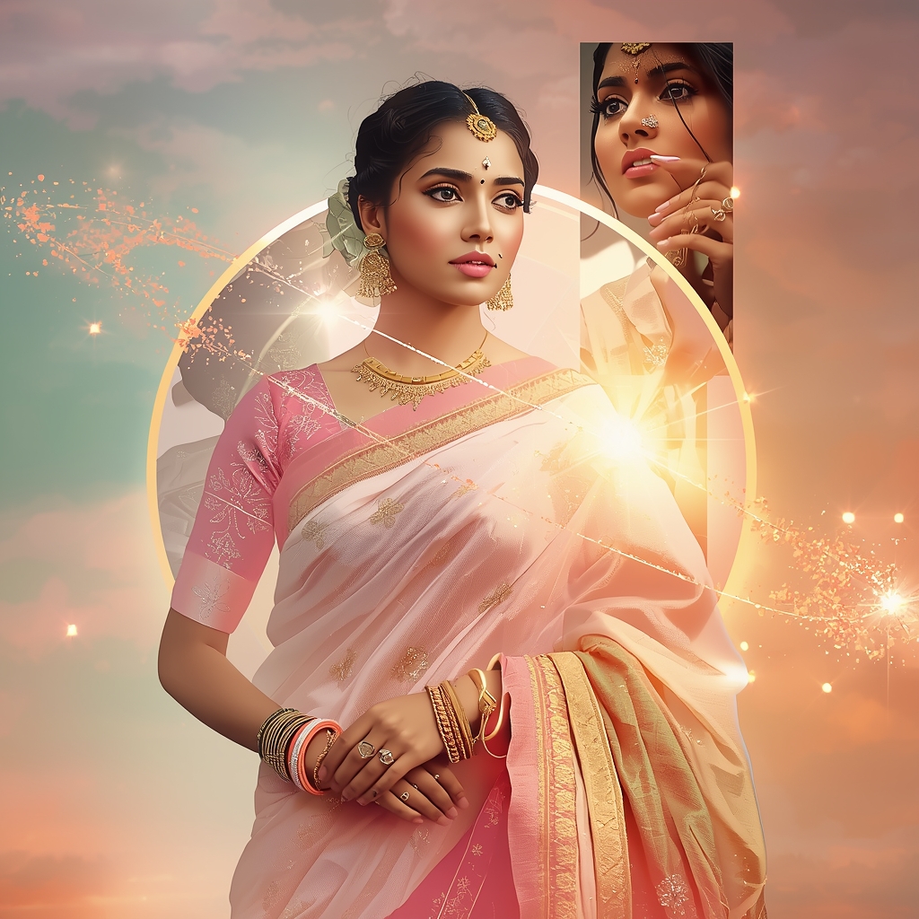 Festive Pastel Saree Shimmer Glow Orbit Pulse Horizon Collage | Gemini Ai Prompt Saree Copy Paste