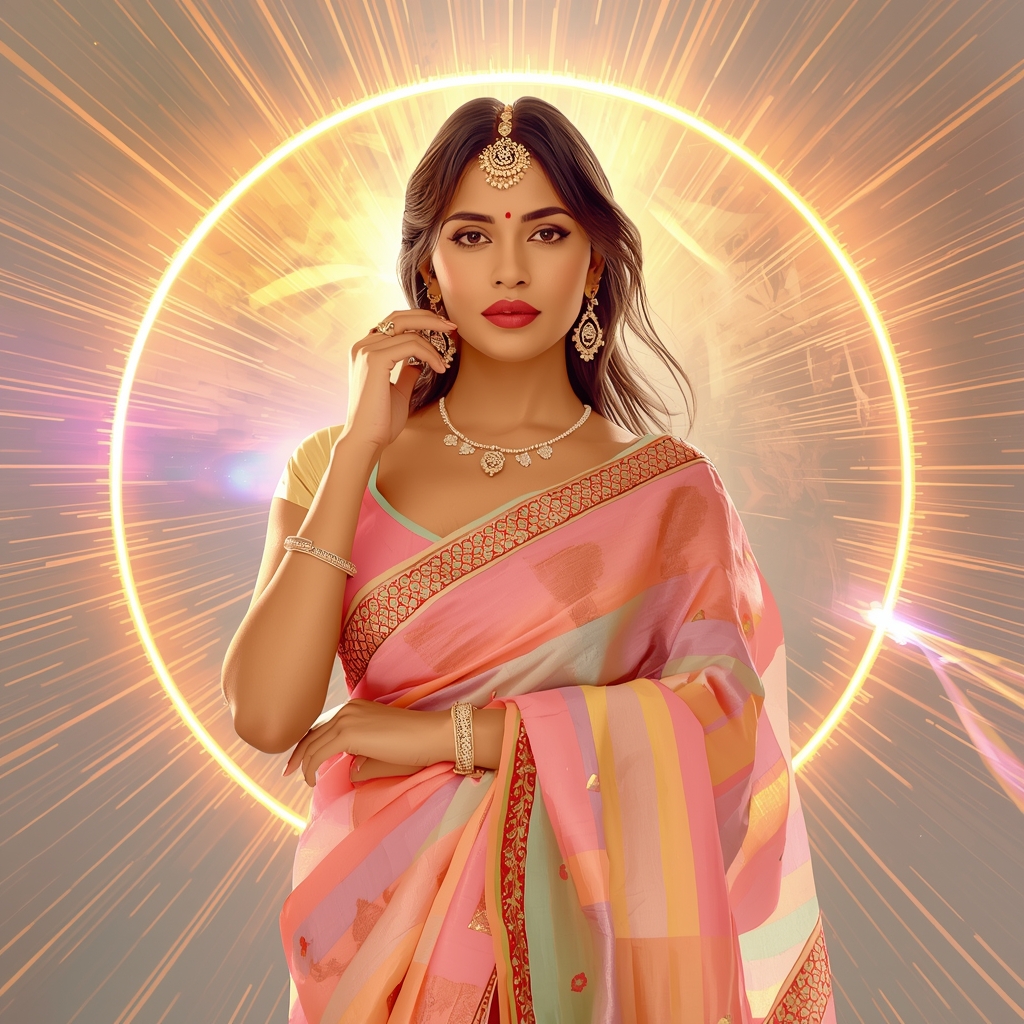 Festive Pastel Saree Solar Glow Pulse Orbit Cascade Collage | Prompt Gemini Saree