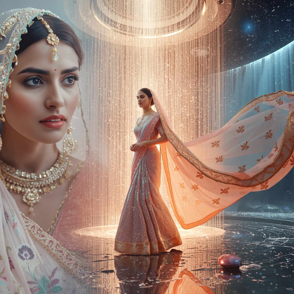 Festive Pastel Saree Stellar Veil Holographic Crystal Portal Collage | Ultimate Dream Prompt | Saree Trending Ai Prompt