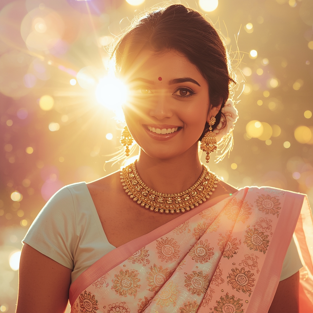 Festive Pastel Saree Sunflare Glow Pulse Orbit Flow Collage | Saree Pose Ai Prompt