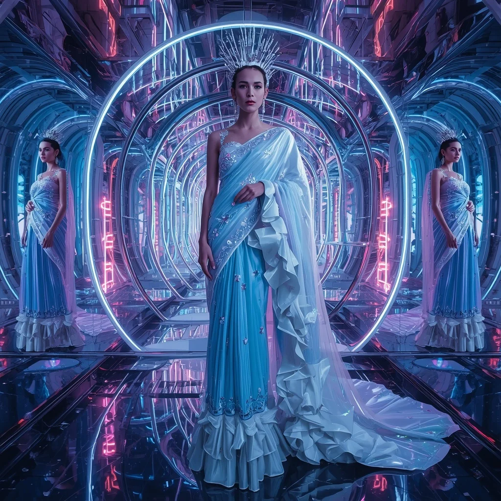 Frozen Aurora Celestial Hyperqueen Saree with Cinematic Glamour Frames and Crystal Reflection Infinity Palace | Gemini Ai Photo