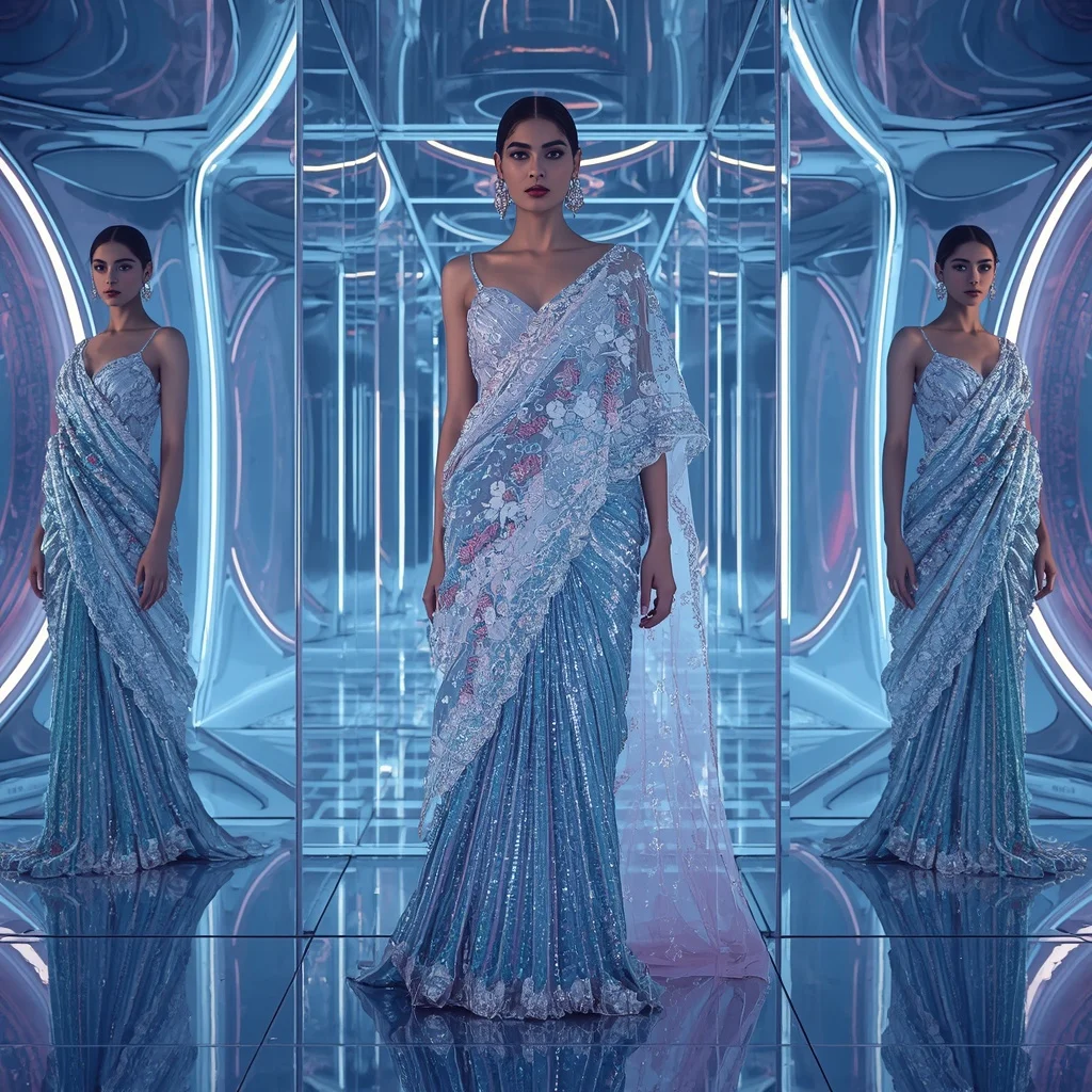 Frozen Aurora Celestial Infinity Hypergoddess Saree with Cinematic Glamour Frames and Crystal Reflection Quantum Hypercube | Trending Ai Prompt