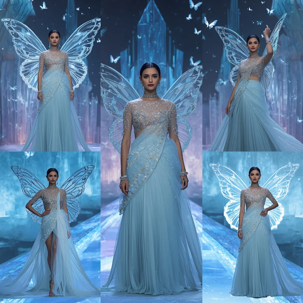 Frozen Diamond Butterfly Saree – Multi-Pose Ice Crystal Couture with Aurora Fantasy Palace Background | Saree Ai Prompt