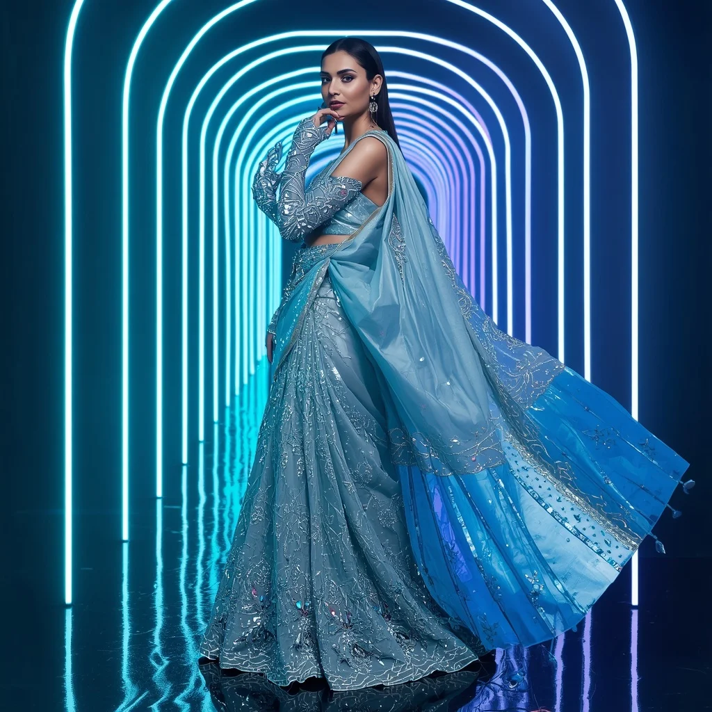 Frozen Diamond Fantasy Saree with Neon Wave Corridor | Saree Ai Prompt Copy Paste For Gemini