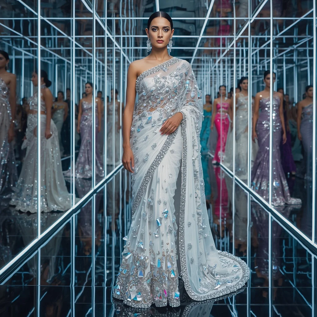 Frozen Diamond Hypergoddess Saree with Reflective Fashion Poses and Aurora Infinity Hyperverse | Prompt Chatgpt