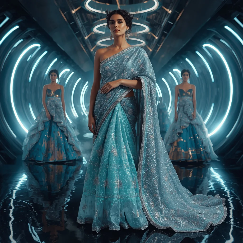 Frozen Galaxy Metallic Saree with Infinity Orbit Hall | Grok Ai Prompt