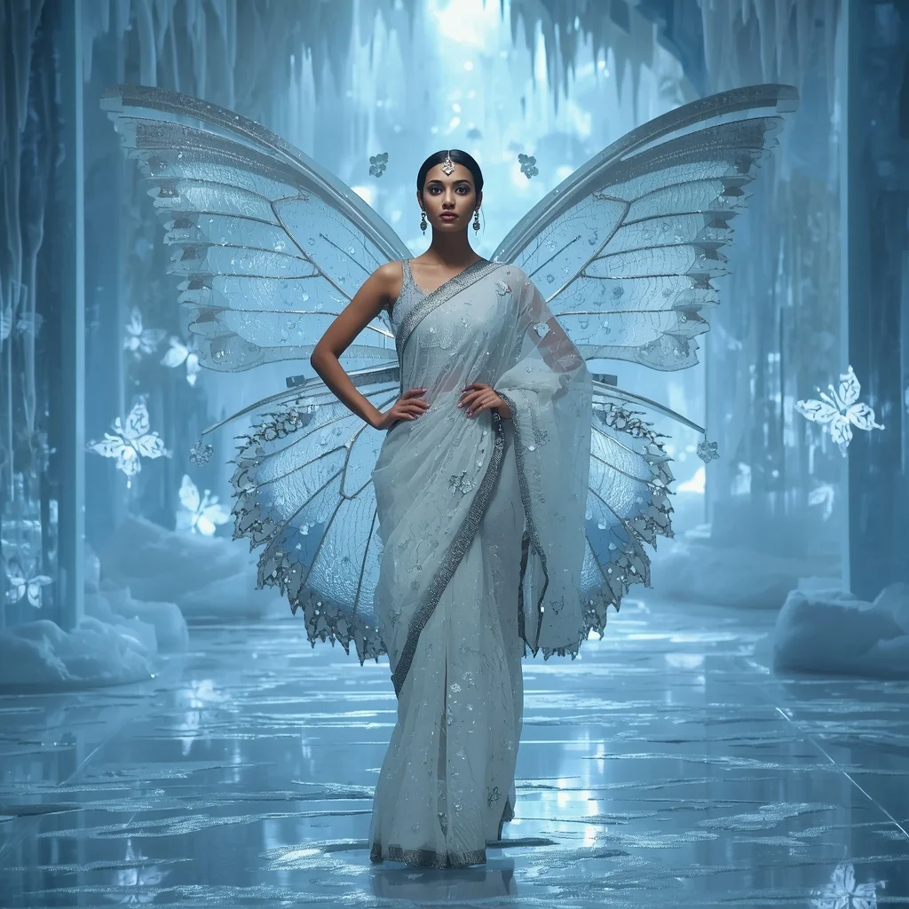 Frozen Pearl Butterfly Saree with Arctic Fantasy Temple Background | Pre Wedding Ai Prompt