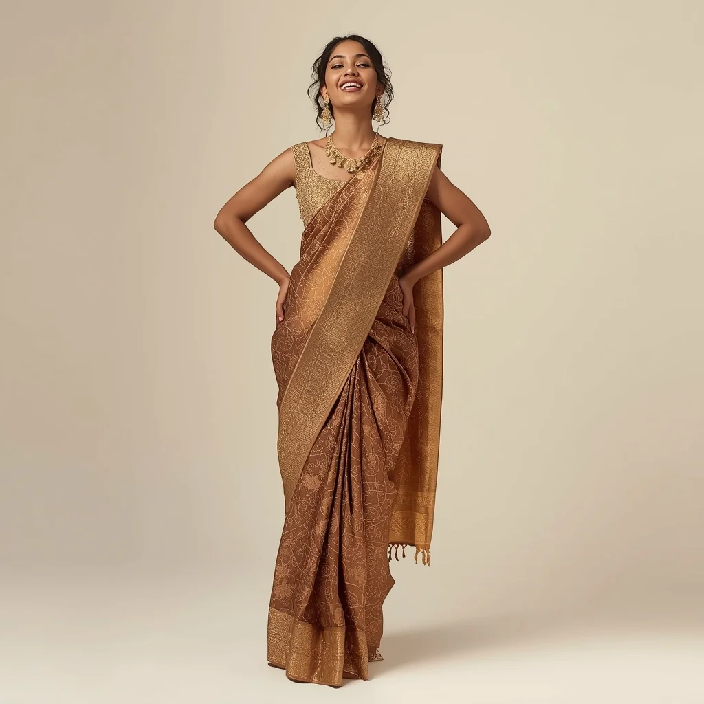 Full Body Clean Ivory Studio Hands on Hips with Architectural Gilded Cage Saree | Prompt For Gemini Ai Girl Modern Saree