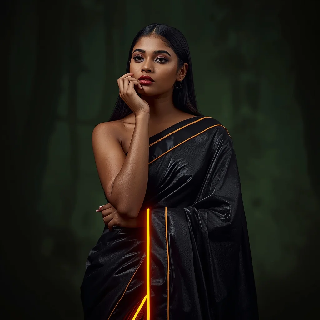 Full Body Dark Forest Studio Hand on Chin with Cyberpunk Neon-Laced Leather Saree | Prompt For Girl In Saree Pic