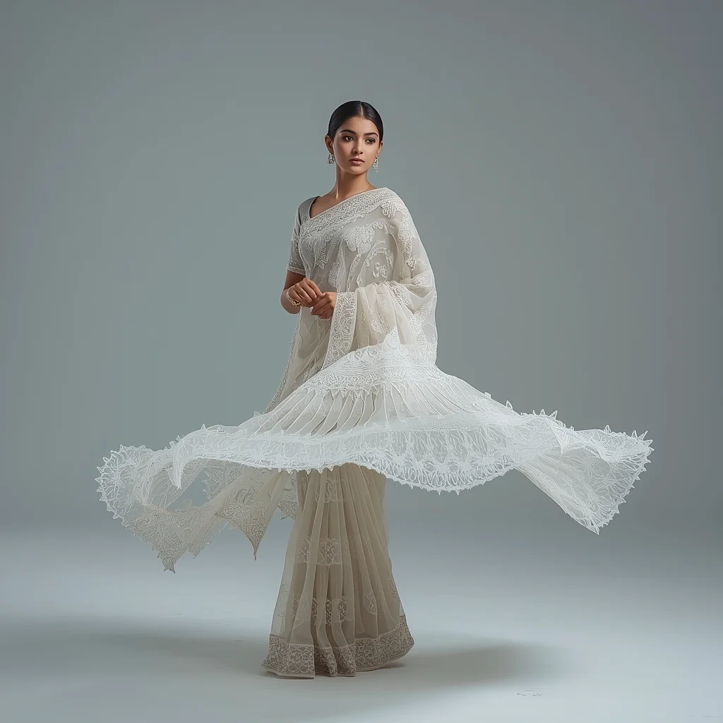 Full Body Ice Silver Studio Gentle Twirl with 3D Printed Translucent Fractal Saree | Prompt For Gemini Ai Girl In Saree 2026 In English