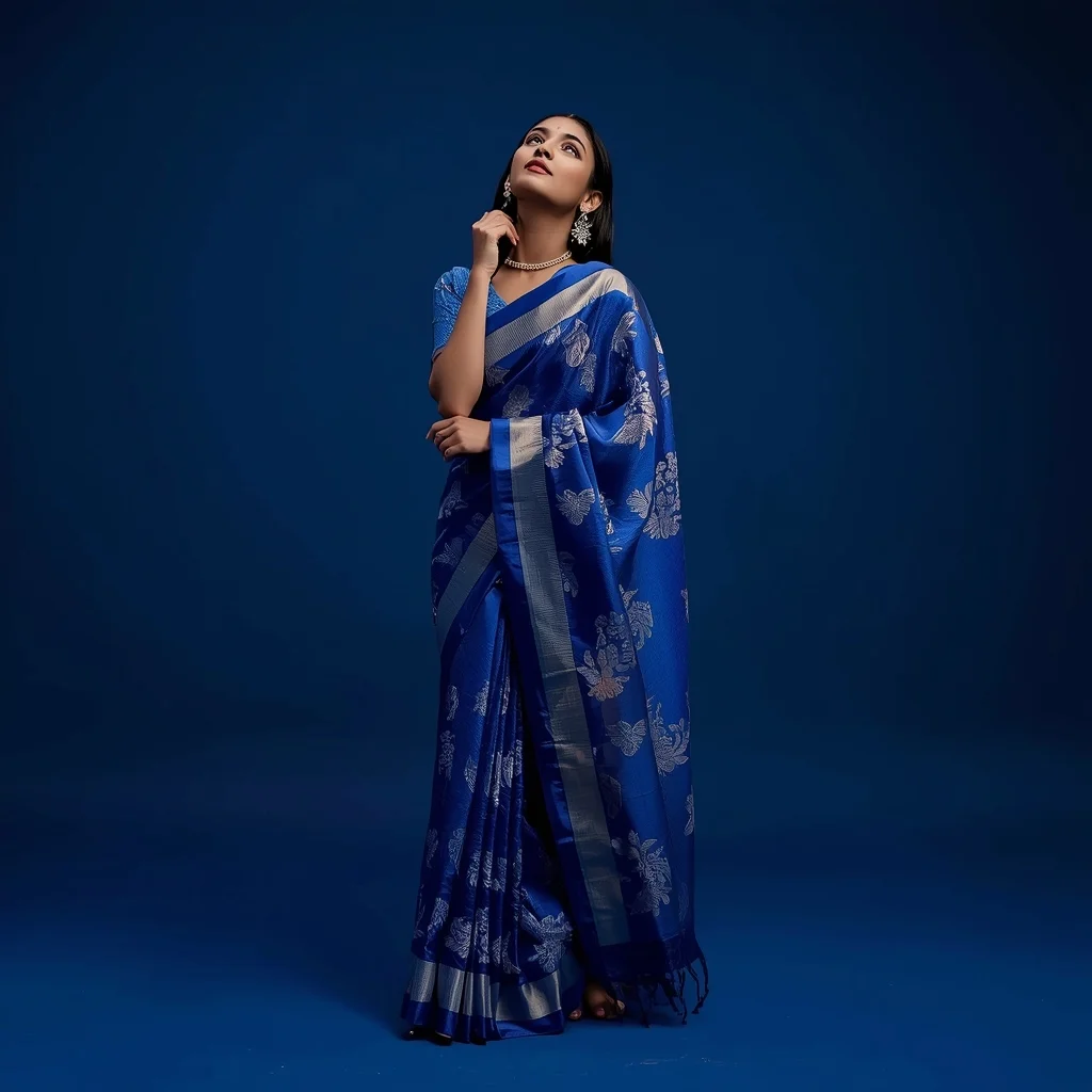 Full Body Midnight Blue Studio Looking Up with Fiber-Optic Kanjeevaram Fusion Saree | Viral Prompt