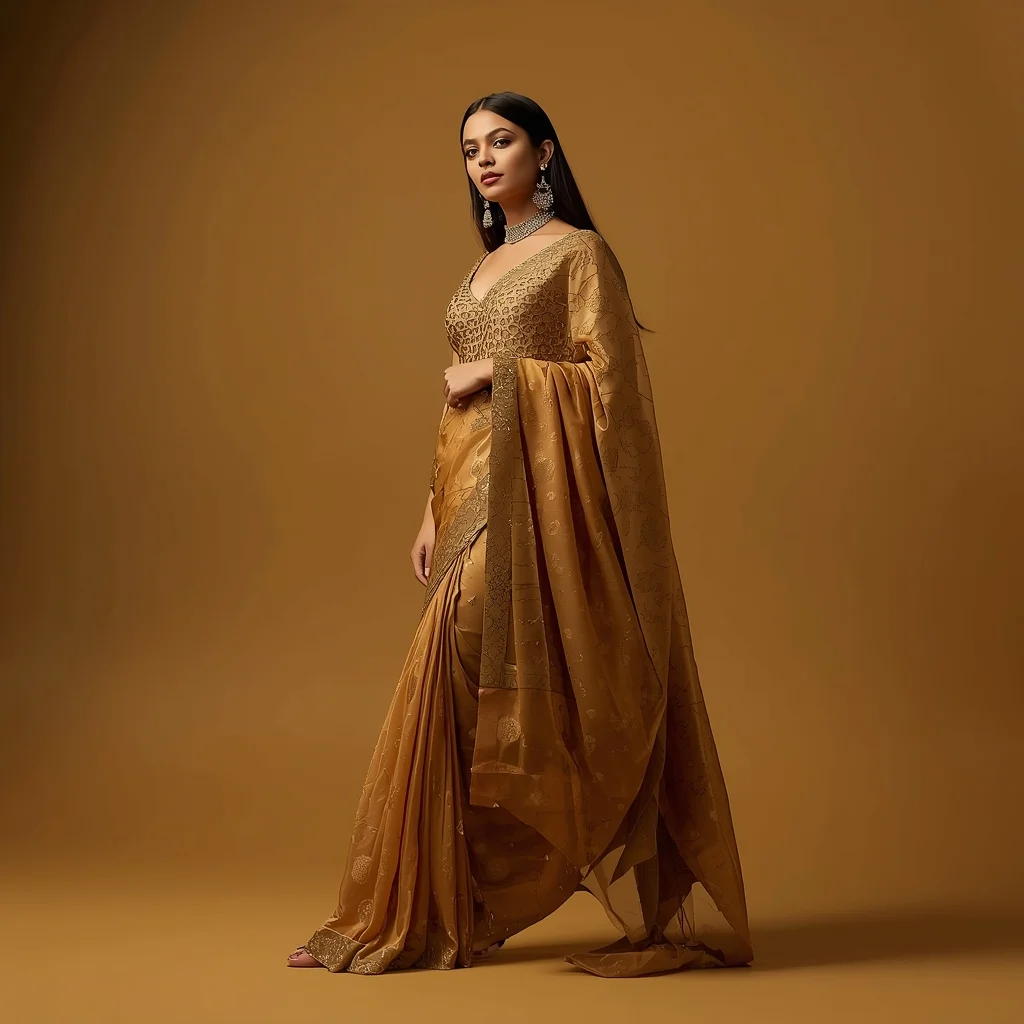Full Body Muted Mustard Studio Casual Walk with Laser-Cut Mirror-Maze Corset Saree | Prompt Seen Trending Girl 2026 Instagram