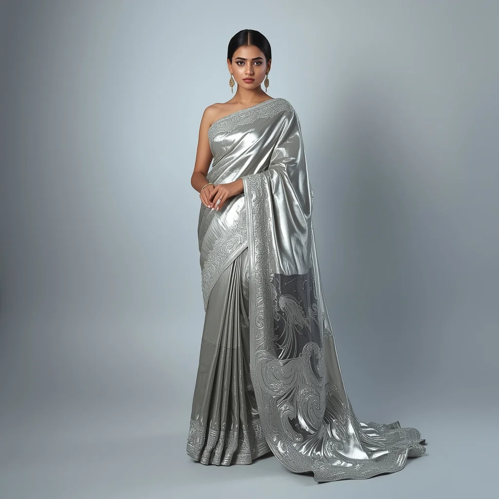 Full Body Platinum Studio High-Fashion Stare with Sculpted Liquid Silver Wave Saree | Chatgpt Prompt Examples