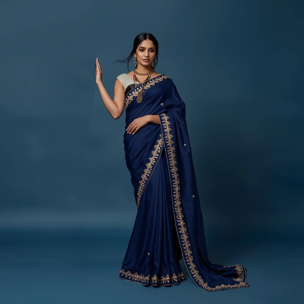 Full Body Slate Blue Studio Elegant Lean with Bioluminescent Smart-Fabric Saree | Chatgpt Photo Editing Prompts Trending Instagram For Girl