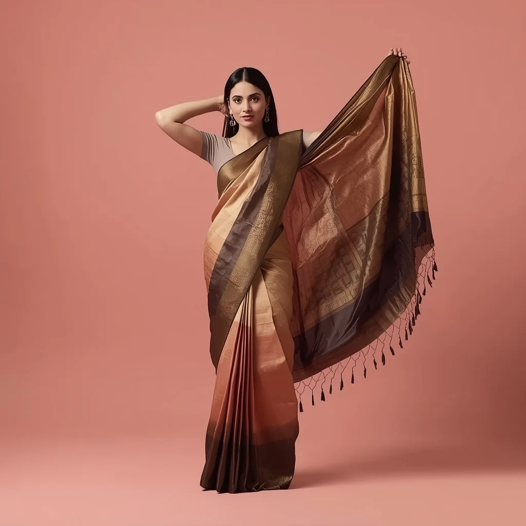 Full Body Soft Blush Studio Dramatic Drop Pose with Liquid Chrome Ombre Saree | Traditional Saree Prompt For Girl In English