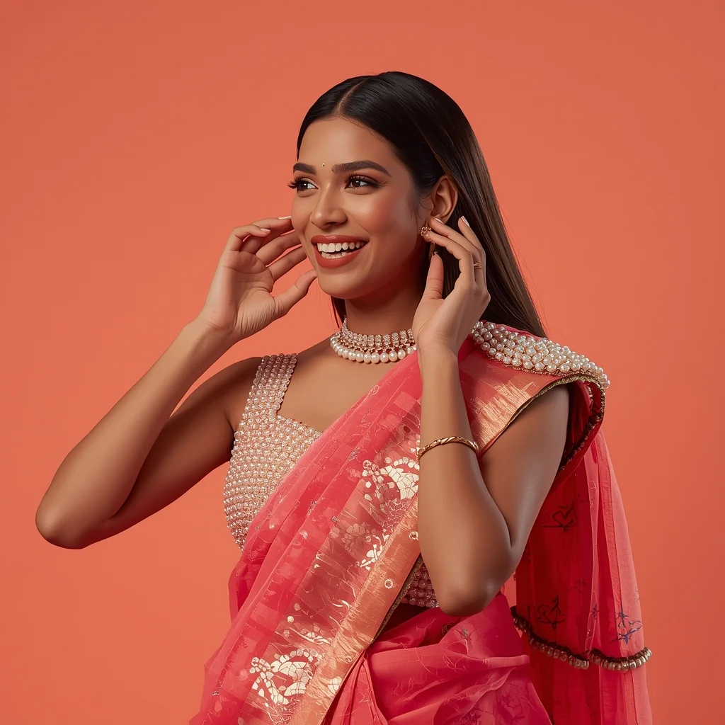 Full Body Soft Coral Studio Adjusting Earrings with Pearl and Shattered Glass Armor Saree | Prompt For Traditional Look For Girl Chatgpt Instagram